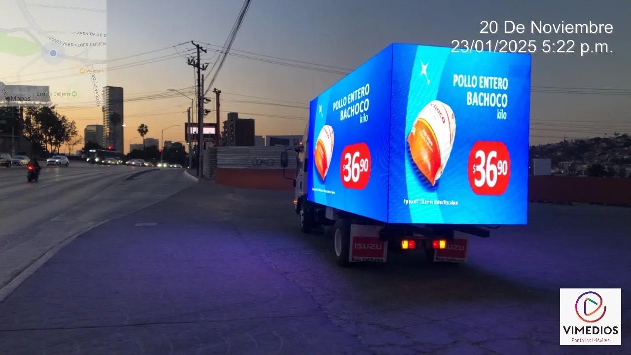 VIMEDIOS LED advertising truck displaying a Bachoco campaign in Tijuana