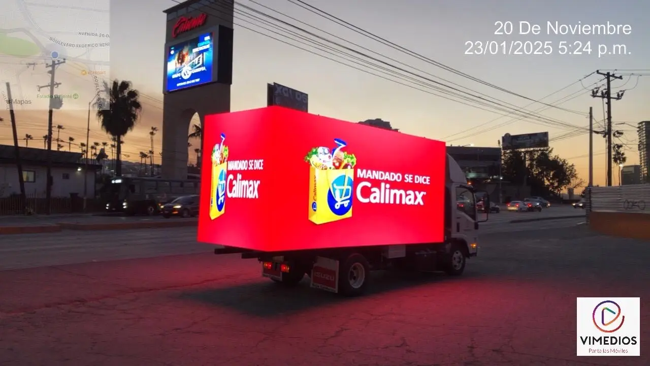 VIMEDIOS LED advertising truck displaying a Calimax campaign in Tijuana