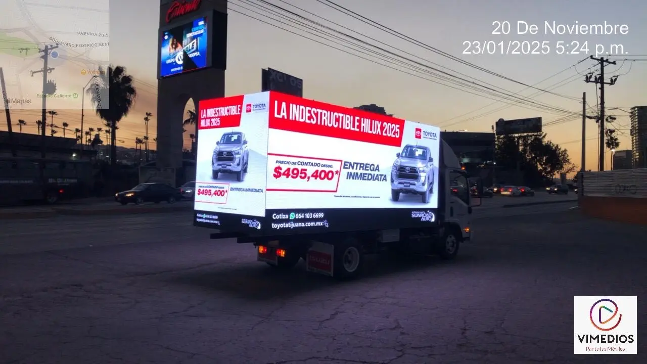 VIMEDIOS LED advertising truck displaying a Toyota campaign in Tijuana